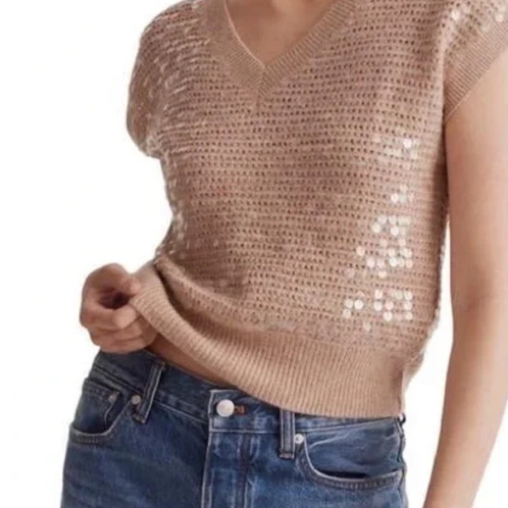 Madewell Sequined sleevless V Neck Sweater, taupe, size S